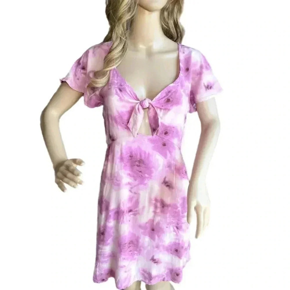 ABOUND Sweetheart Tie Neck Dress Women's Small Pink Abstract Short Sleeve Mini - Picture 4 of 14